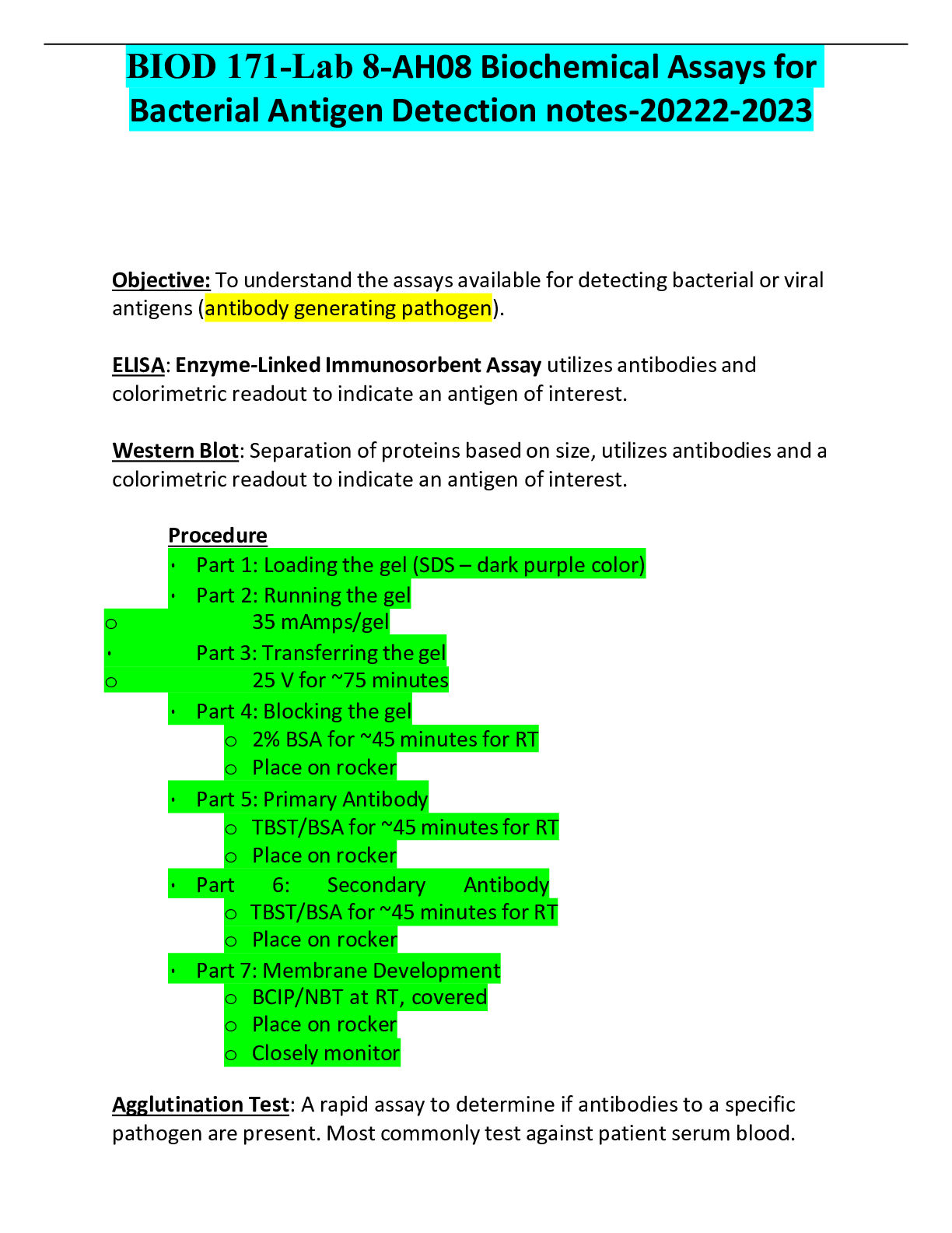 Preview of BIOD 171-Lab 8-AH08 Biochemical Assays for Bacterial Antigen Detection notes-20222-2023